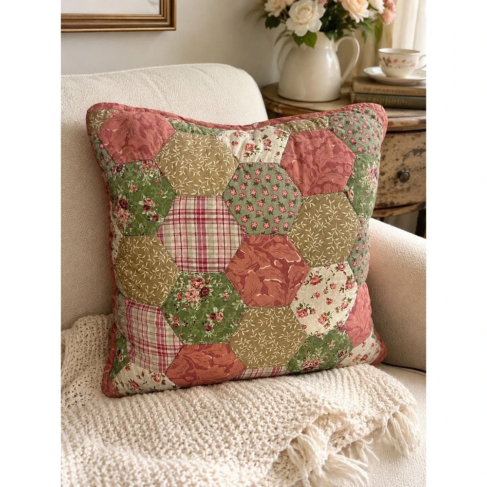 Patchwork Floral Hexagon Throw Pillow Green Pink Cotton Farmhouse Accent